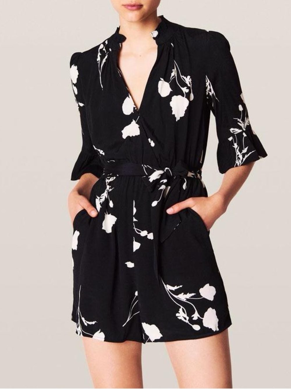 Ba&sh Penny Floral V-neck belted romper with pockets & ruffle sleeves